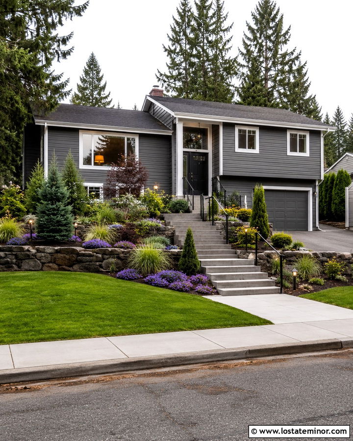 Slate Gray Split Level With Tiered Front Yard - 30 Slate Grey House Design With Front Yard Ideas