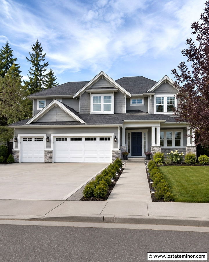 Slate Gray Suburban House With White Garage And Stone Wainscot - 30 Slate Grey House Design With Stone Accents Ideas