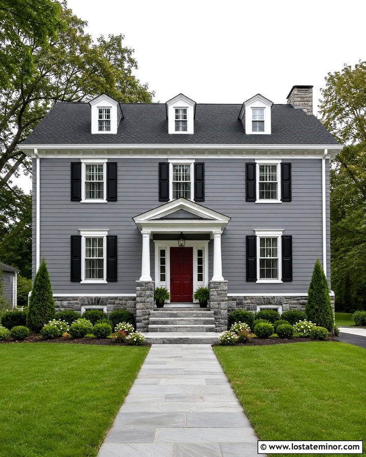 Slate Gray Traditional House With Red Door And Granite - 30 Slate Grey House Design With Stone Accents Ideas