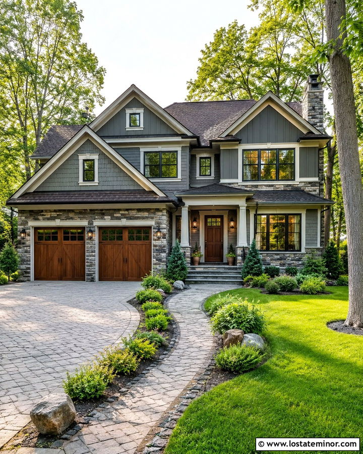Slate Gray Transitional House With Walnut Garage Doors And Dry Stack Stone - 30 Slate Grey House Design With Stone Accents Ideas