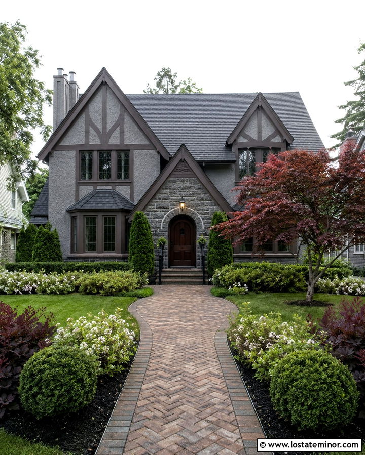 Slate Gray Tudor House With Brick Path - 30 Slate Grey House Design With Front Yard Ideas