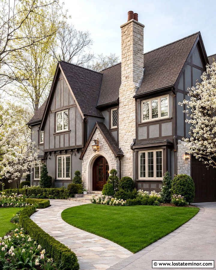 Slate Gray Tudor With Light Stone Chimney - 30 Slate Grey House Design With Stone Accents Ideas