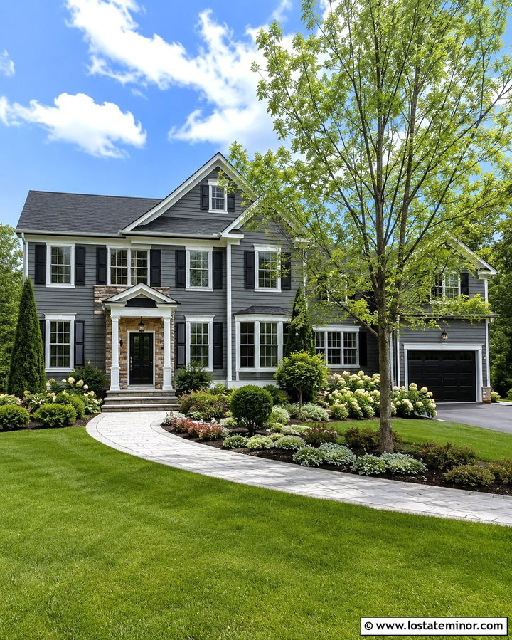 Slate Gray Two Story House With Layered Landscaping - 30 Slate Grey House Design With Front Yard Ideas