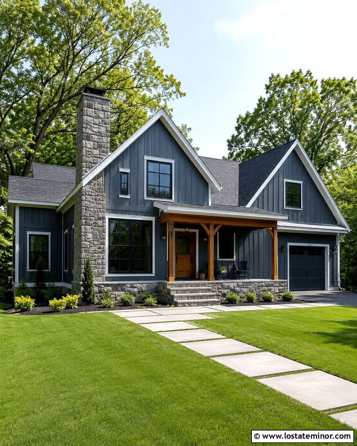 Slate Gray Vertical Siding With Stone Chimney - 30 Slate Grey House Design With Stone Accents Ideas
