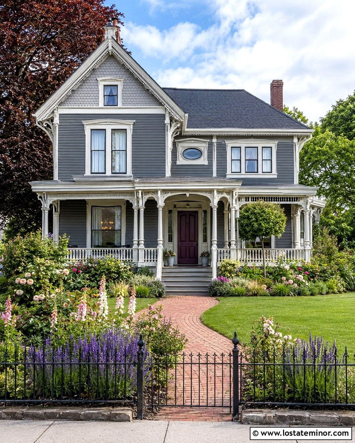 Slate Gray Victorian House With Flower Borders - 30 Slate Grey House Design With Front Yard Ideas