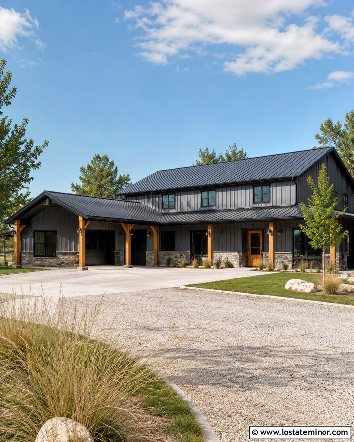 Slate Grey Barndominium With Double Carport - 30 Slate Grey House Design With Carport Ideas