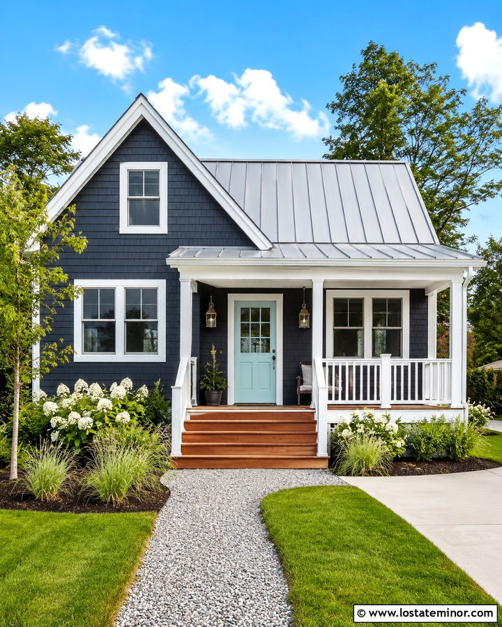 Slate Grey Beach Cottage With Aqua Front Door - 30 Slate Grey House Design With Front Door Ideas