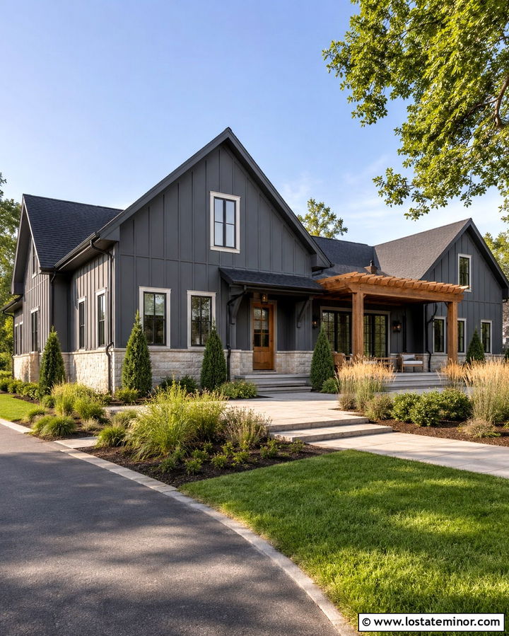 Slate Grey Board And Batten House With Pergola - 30 Slate Grey House Design With Pergola Ideas