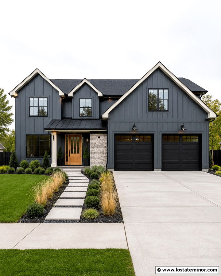 Slate Grey Board And Batten With Black Garage Doors - 30 Slate Grey House Design With Board and Batten Ideas