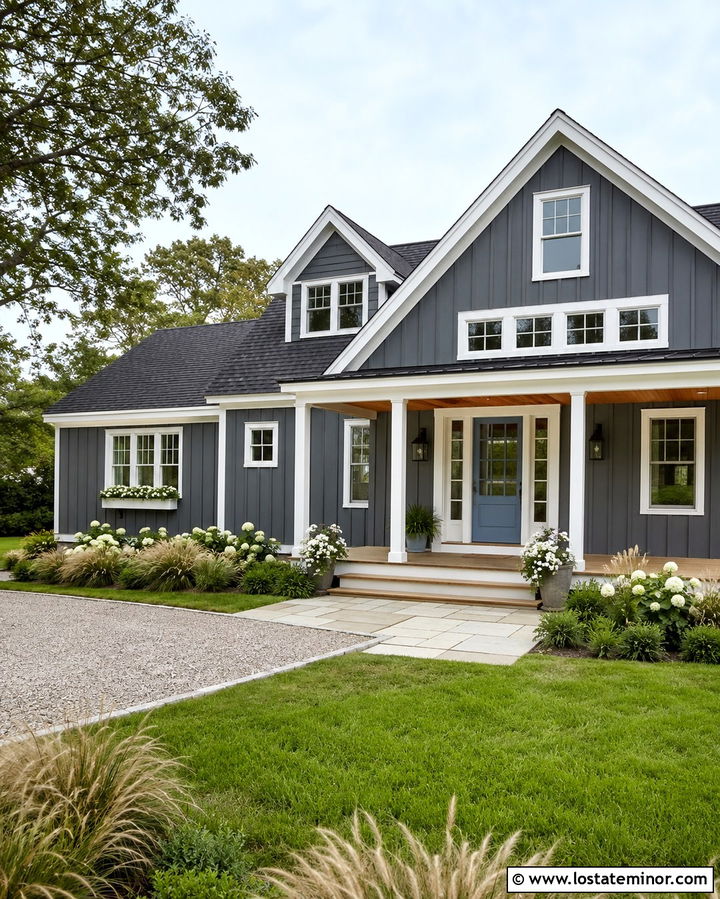 Slate Grey Board And Batten With Blue Front Door - 30 Slate Grey House Design With Board and Batten Ideas