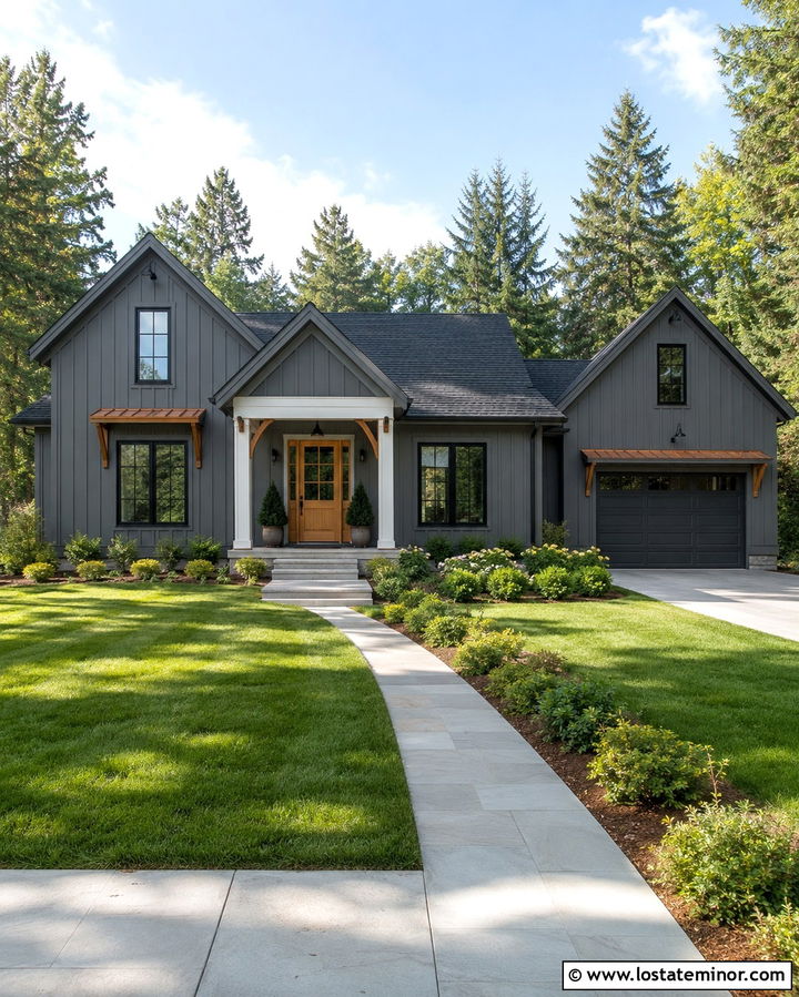Slate Grey Board And Batten With Natural Wood Door - 30 Slate Grey House Design With Board and Batten Ideas