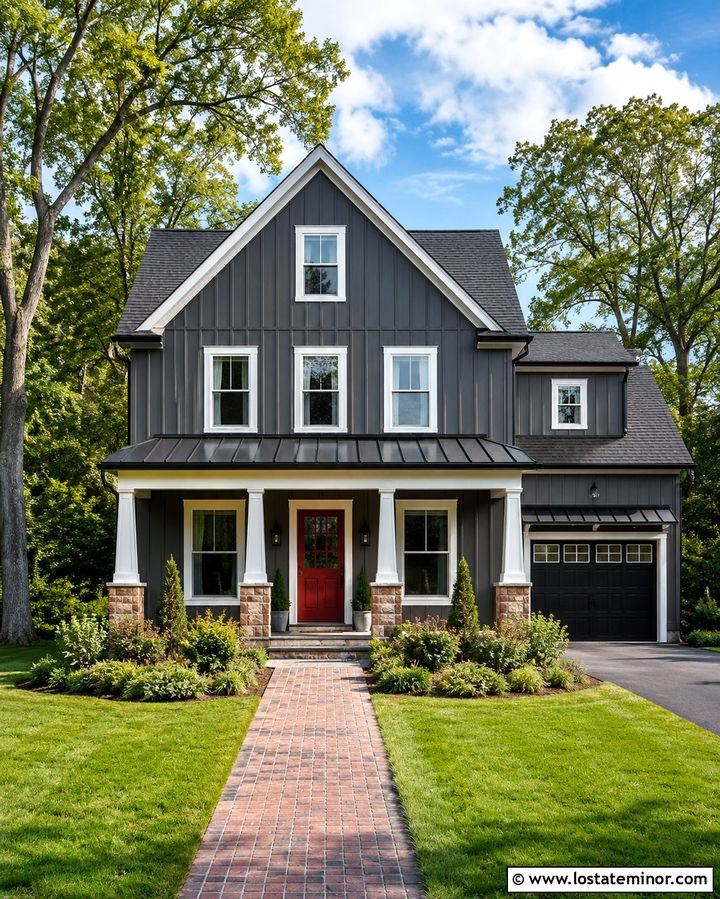 Slate Grey Board And Batten With Red Front Door - 30 Slate Grey House Design With Board and Batten Ideas