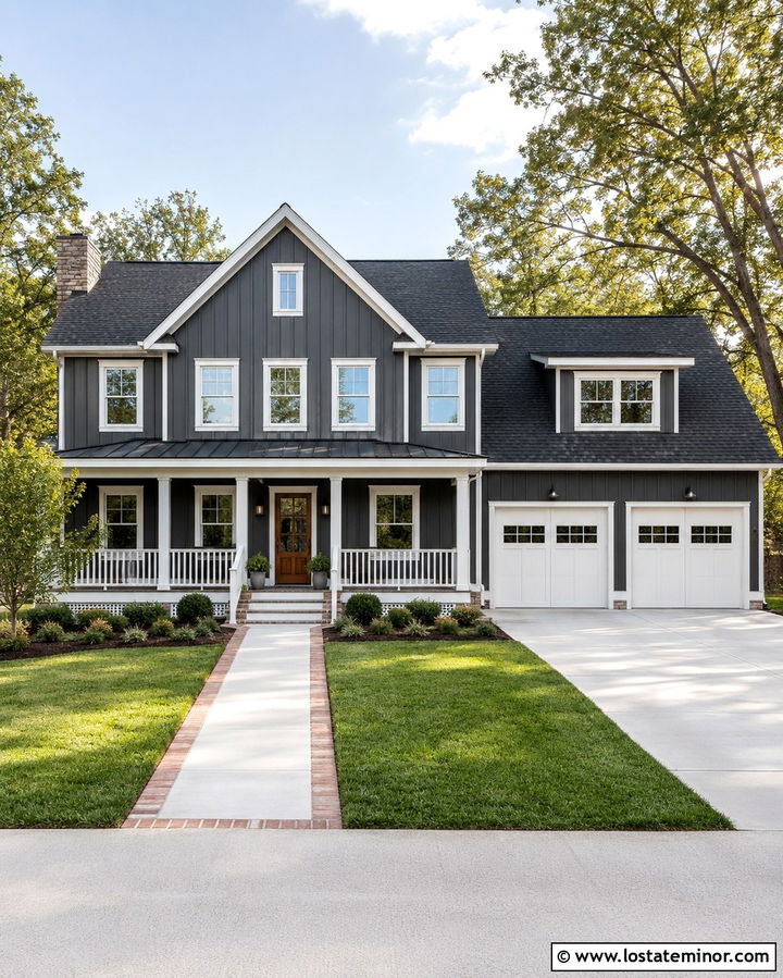 Slate Grey Board And Batten With White Garage Doors - 30 Slate Grey House Design With Board and Batten Ideas