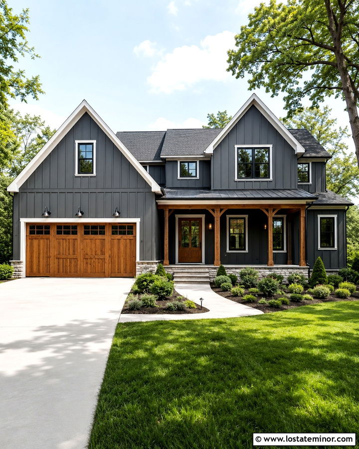 Slate Grey Board And Batten With Wood Garage Doors - 30 Slate Grey House Design With Board and Batten Ideas