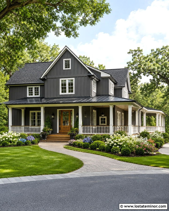 Slate Grey Board And Batten With Wraparound Porch - 30 Slate Grey House Design With Board and Batten Ideas