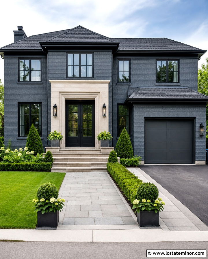 Slate Grey Brick House With Black Double Doors - 30 Slate Grey House Design With Front Door Ideas