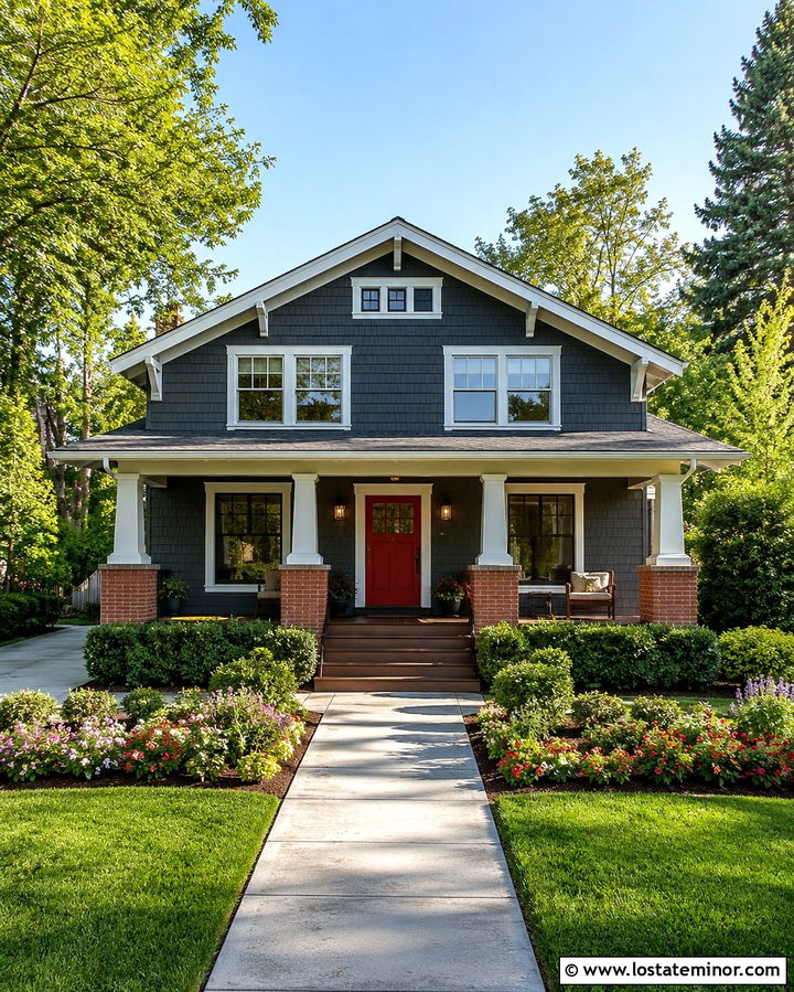 Slate Grey Bungalow With Brick Red Front Door - 30 Slate Grey House Design With Front Door Ideas