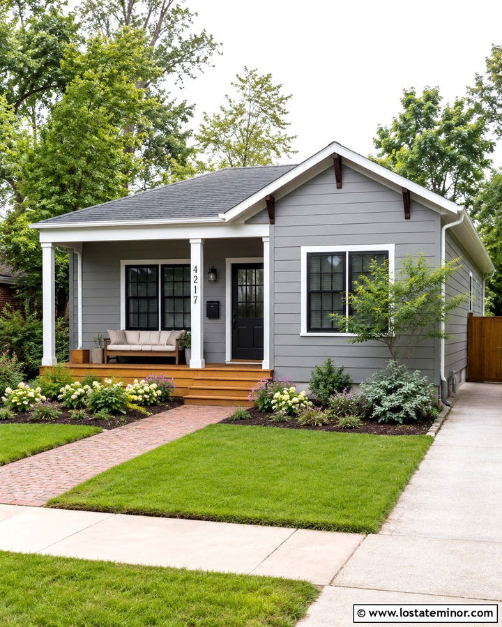 Slate Grey Bungalow With Numbers On A Porch Column - 30 Slate Grey House Design With House Numbers Ideas