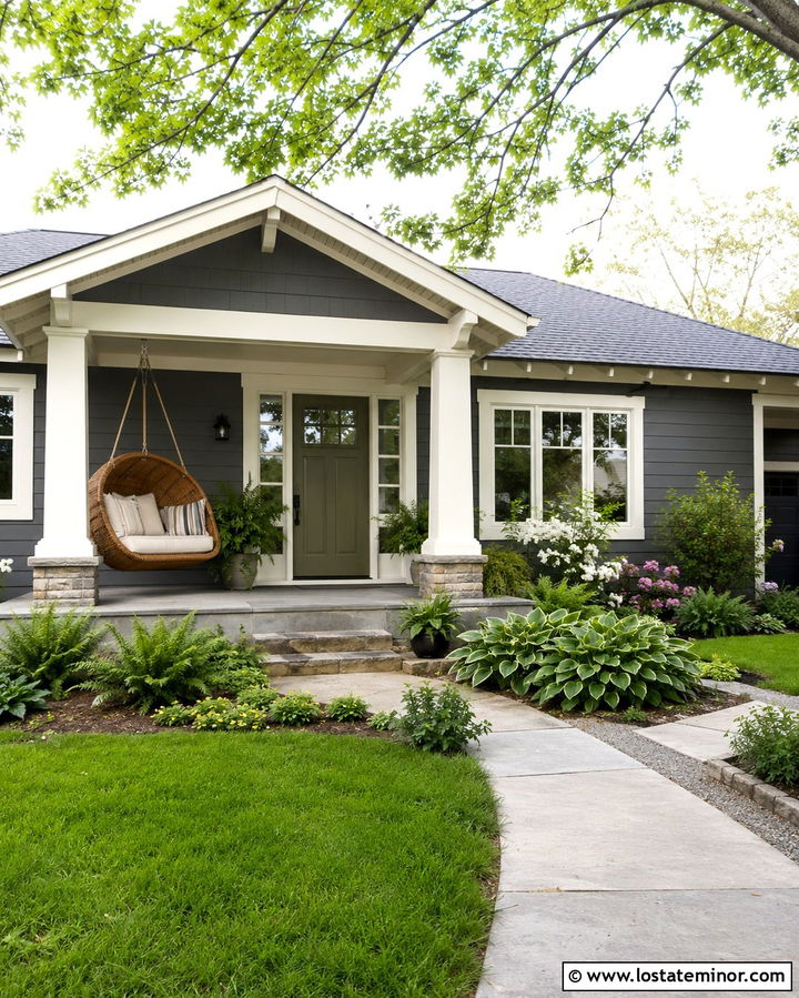 Slate Grey Bungalow With Rattan Swing - 30 Slate Grey House Design With Swing Ideas