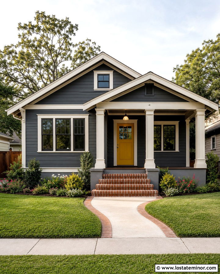 Slate Grey Bungalow With Schoolhouse Porch Lights - 30 Slate Grey House Design With Light Fixtures Ideas