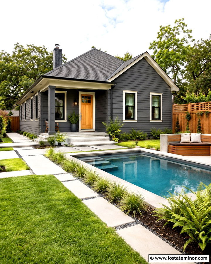 Slate Grey Bungalow With Small Plunge Pool - 30 Slate Grey House Design With Swimming Pool Ideas