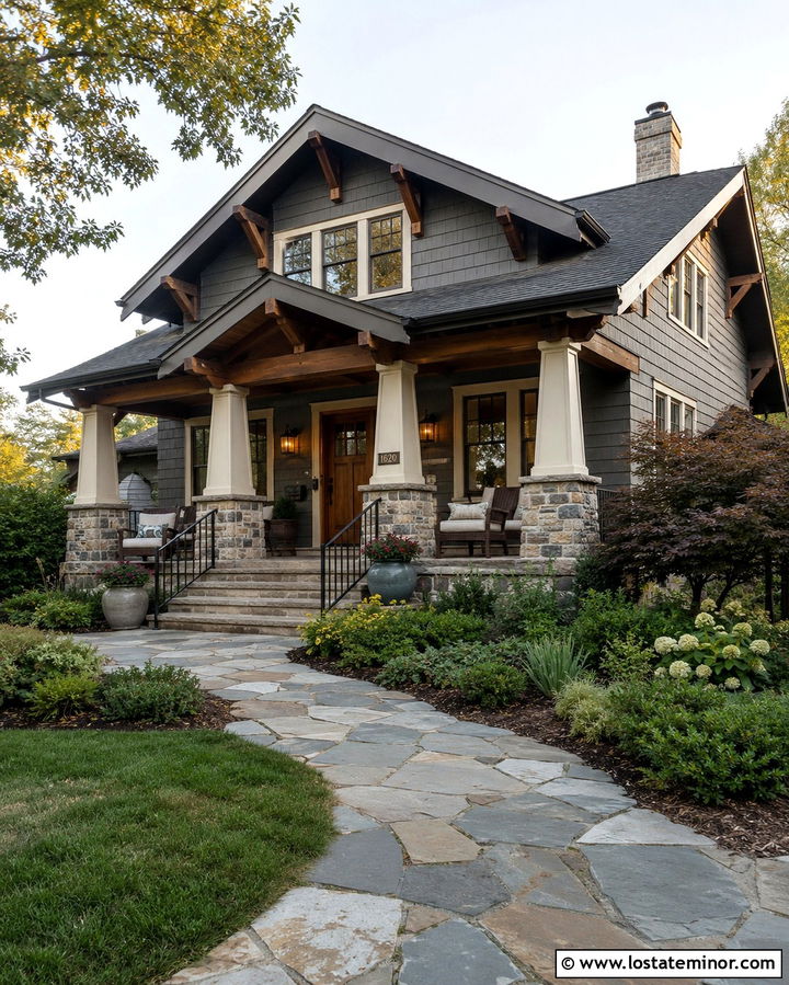 Slate Grey Bungalow With Stone Front Porch - 30 Slate Grey House Design With Front Porch Ideas