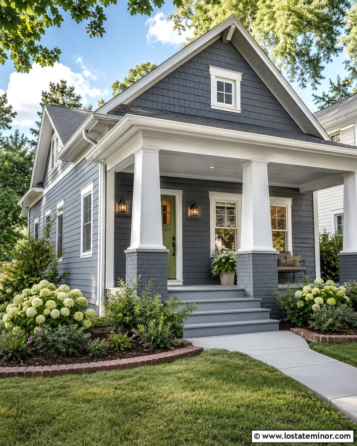 Slate Grey Bungalow With Tapered Porch Columns - 30 Slate Grey House Design With Porch Columns Ideas