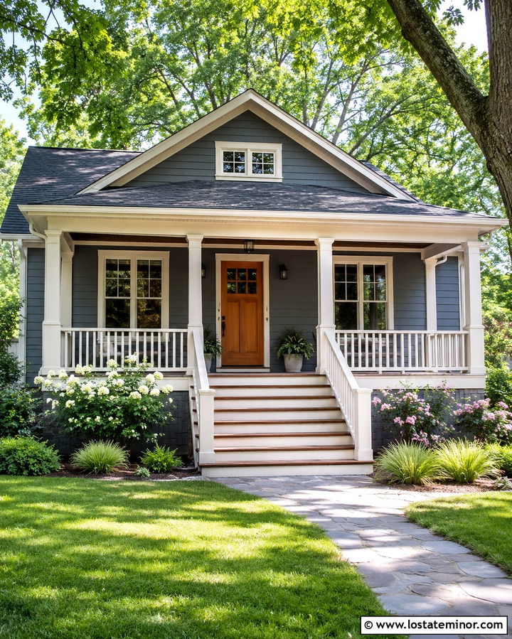 Slate Grey Bungalow With Wood Steps - 30 Slate Grey House Design With Steps Ideas