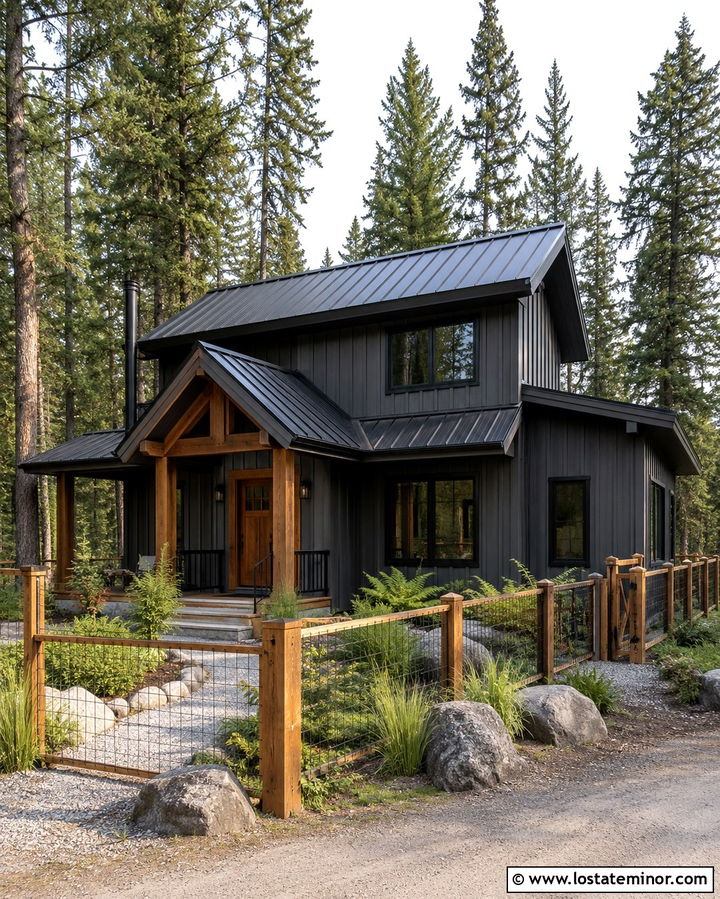 Slate Grey Cabin With Hog Wire Fence - 30 Slate Grey House Design With Fence Ideas