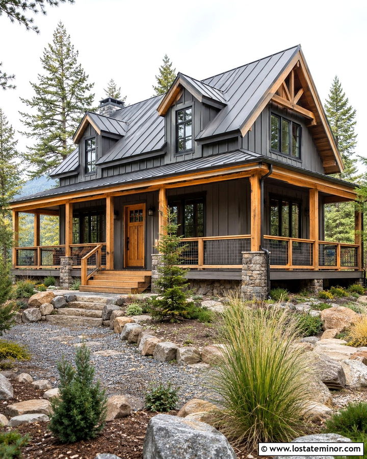 Slate Grey Cabin With Hog Wire Railings - 30 Slate Grey House Design With Railings Ideas