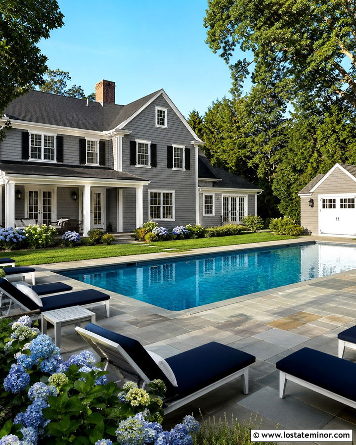 Slate Grey Cape Cod House With Classic Pool - 30 Slate Grey House Design With Swimming Pool Ideas