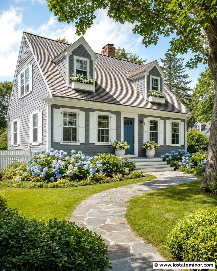 Slate Grey Cape Cod House With White Shutters - 30 Slate Grey House Design With Shutters Ideas
