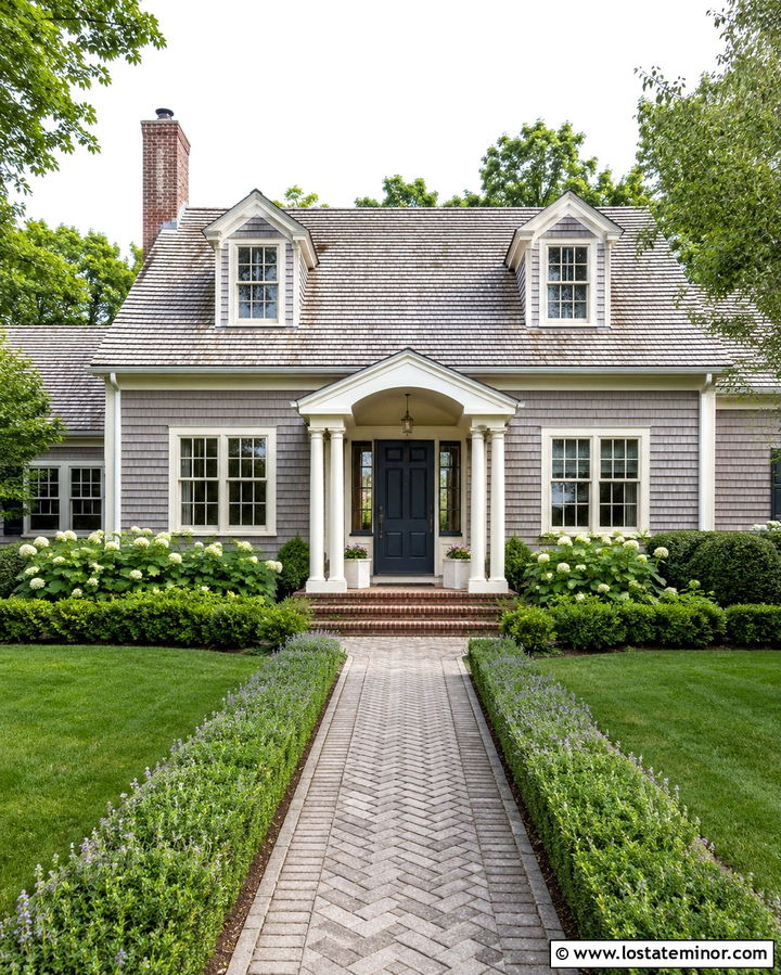 Slate Grey Cape Cod With Arched Portico - 30 Slate Grey House Design With Portico Ideas