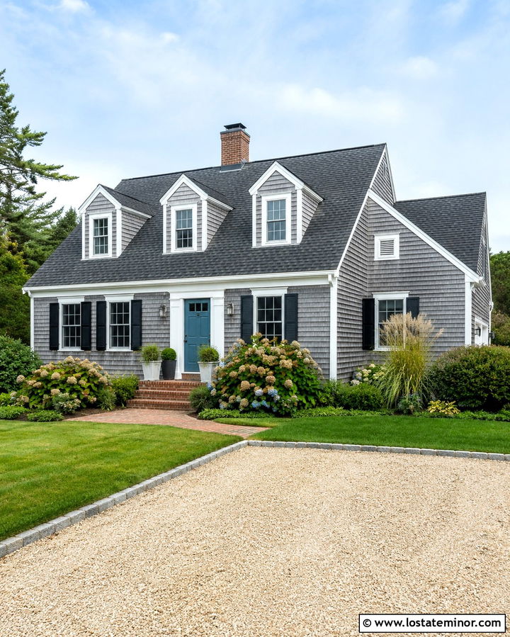 Slate Grey Cape Cod With Shell Driveway - 30 Slate Grey House Design With Driveway Ideas