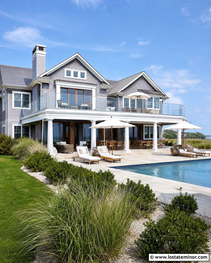 Slate Grey Coastal House With Blue Pool - 30 Slate Grey House Design With Swimming Pool Ideas