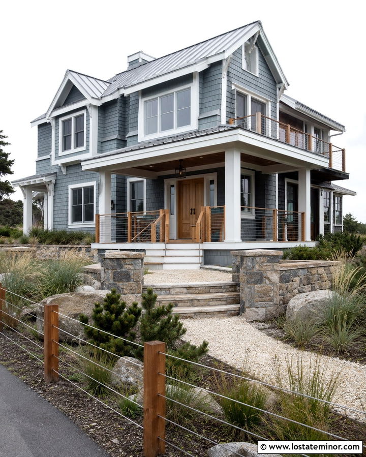 Slate Grey Coastal House With Cable Fence - 30 Slate Grey House Design With Fence Ideas