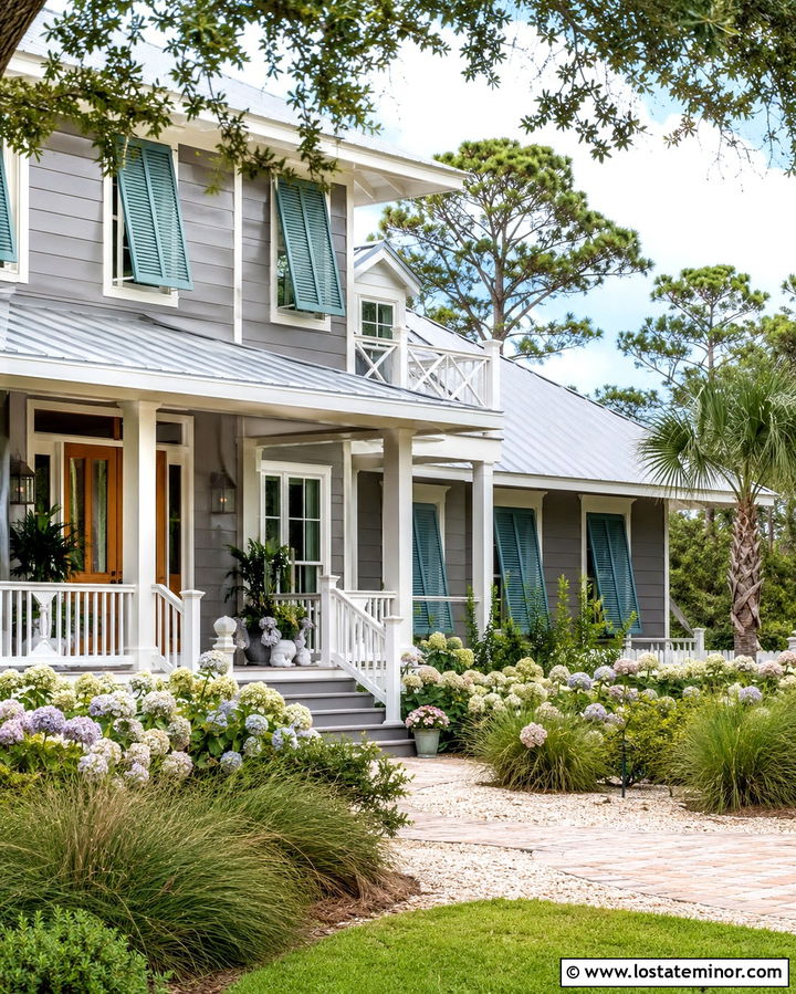 Slate Grey Coastal House With Teal Shutters - 30 Slate Grey House Design With Shutters Ideas