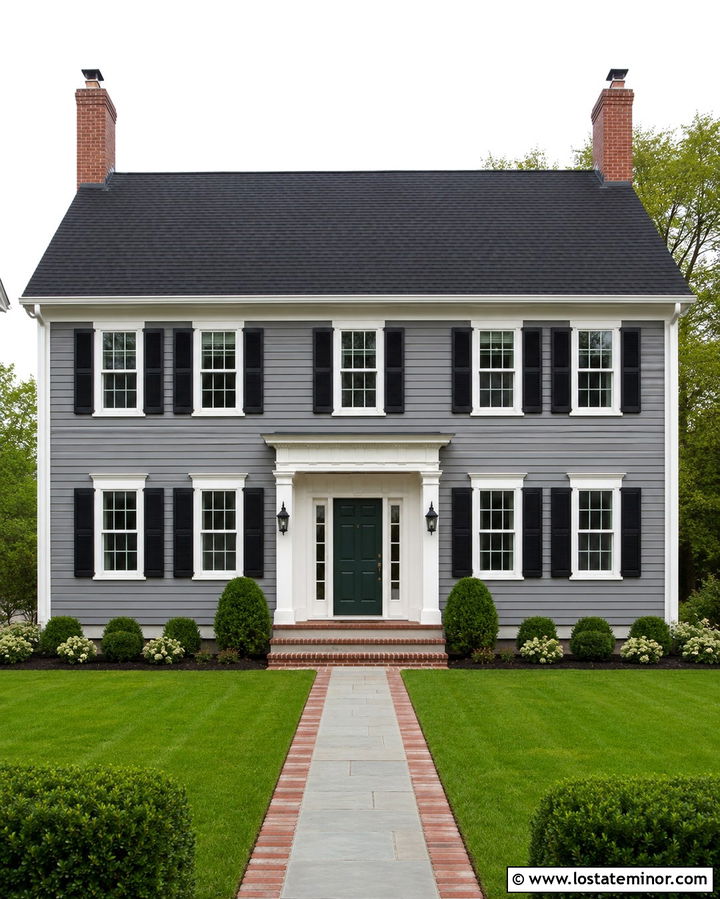 Slate Grey Colonial House With Brick Chimney - 30 Slate Grey House Design With Chimney Ideas