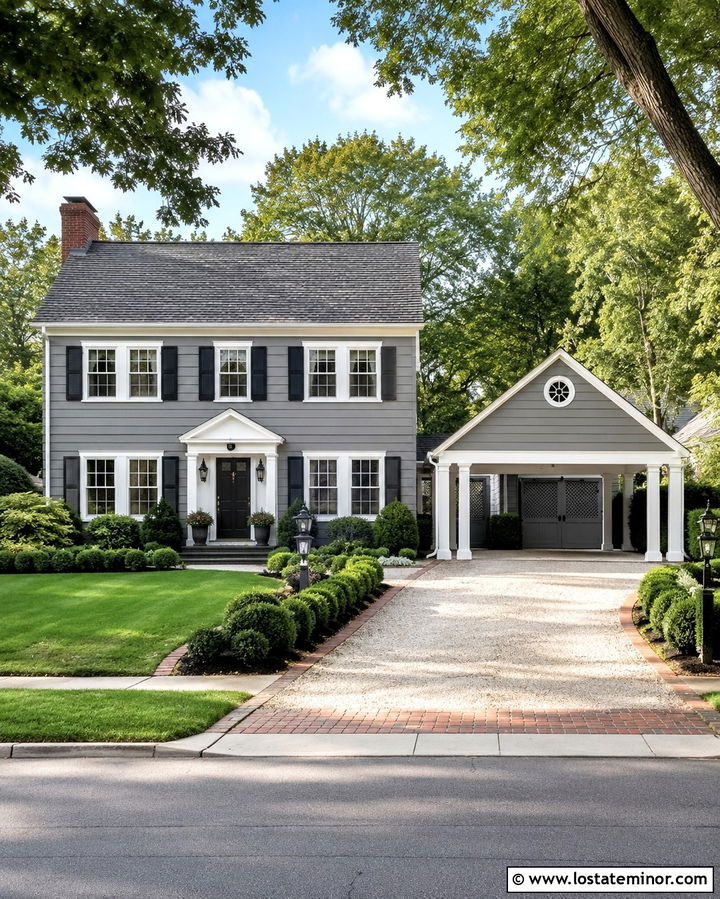 Slate Grey Colonial House With Detached Carport - 30 Slate Grey House Design With Carport Ideas