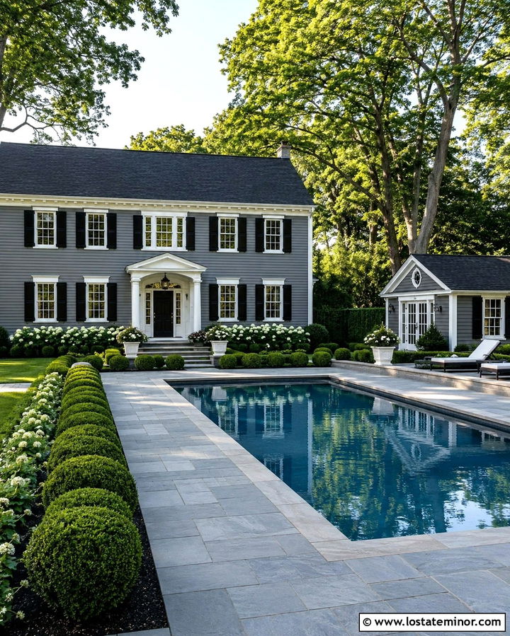 Slate Grey Colonial House With Formal Pool - 30 Slate Grey House Design With Swimming Pool Ideas