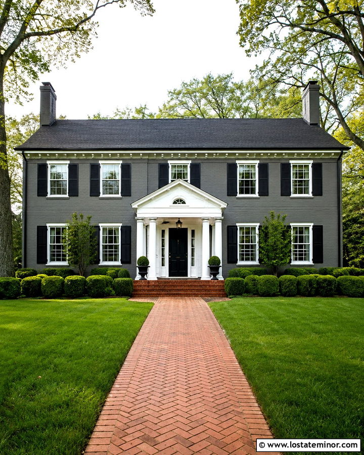 Slate Grey Colonial House With Gabled Portico - 30 Slate Grey House Design With Portico Ideas