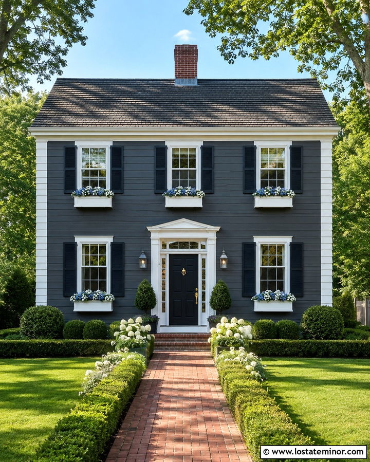 Slate Grey Colonial House With Window Boxes - 30 Slate Grey House Design With Window Boxes Ideas