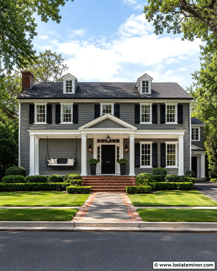 Slate Grey Colonial With Black Swing - 30 Slate Grey House Design With Swing Ideas