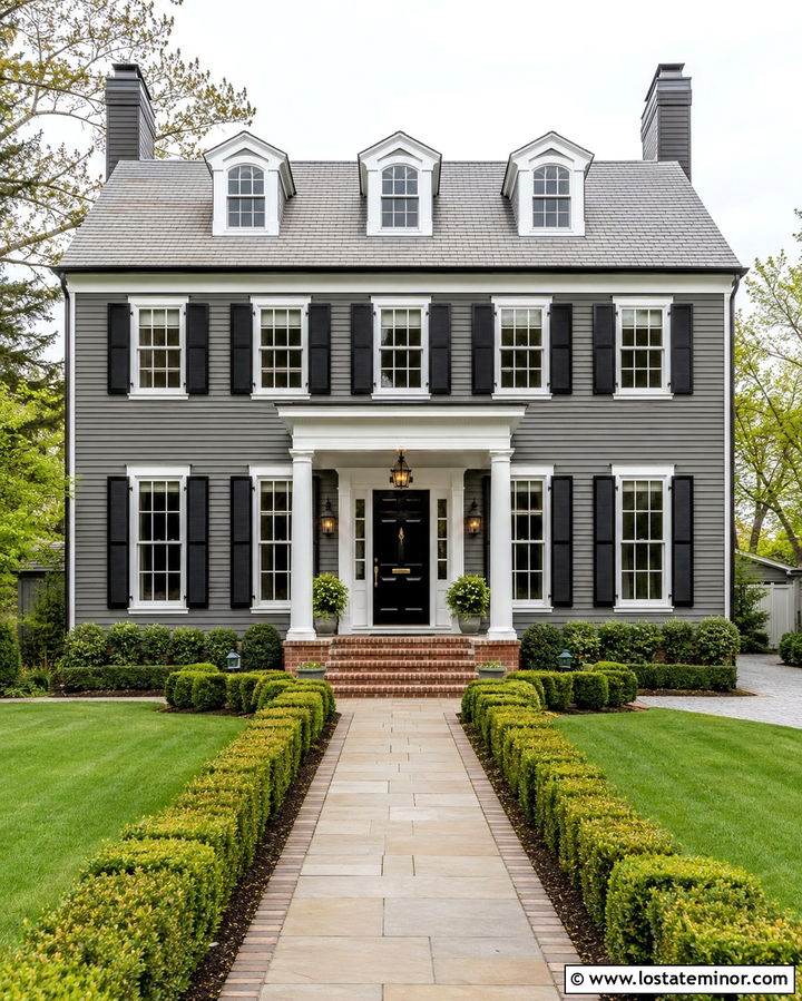 Slate Grey Colonial With Brass Lanterns - 30 Slate Grey House Design With Light Fixtures Ideas