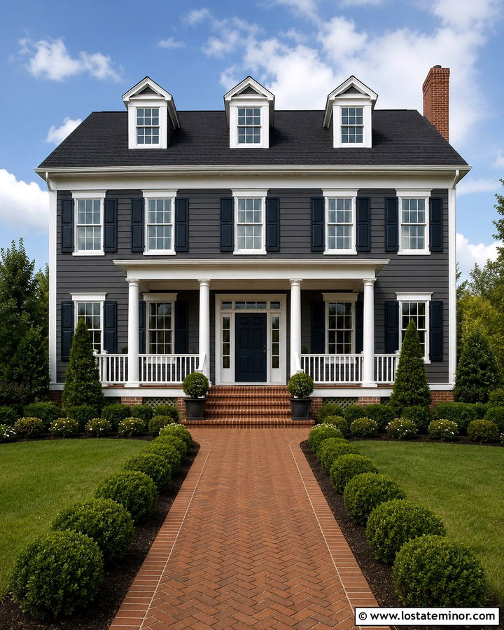 Slate Grey Colonial With Brick Front Porch - 30 Slate Grey House Design With Front Porch Ideas