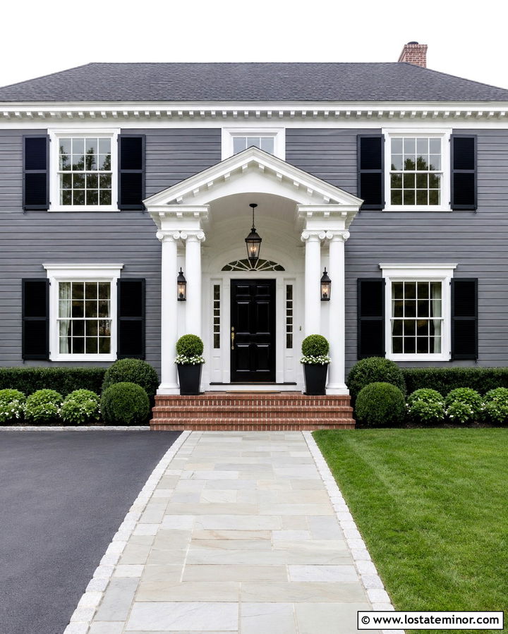 Slate Grey Colonial With Candle Lanterns - 30 Slate Grey House Design With Lighting Ideas