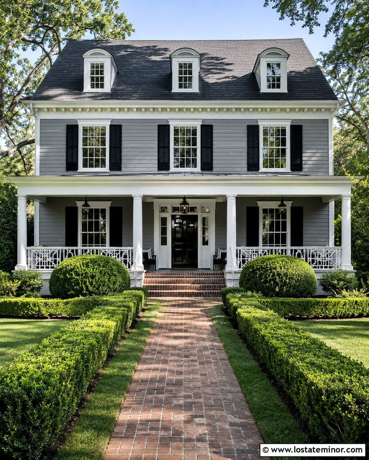Slate Grey Colonial With Chippendale Railings - 30 Slate Grey House Design With Railings Ideas