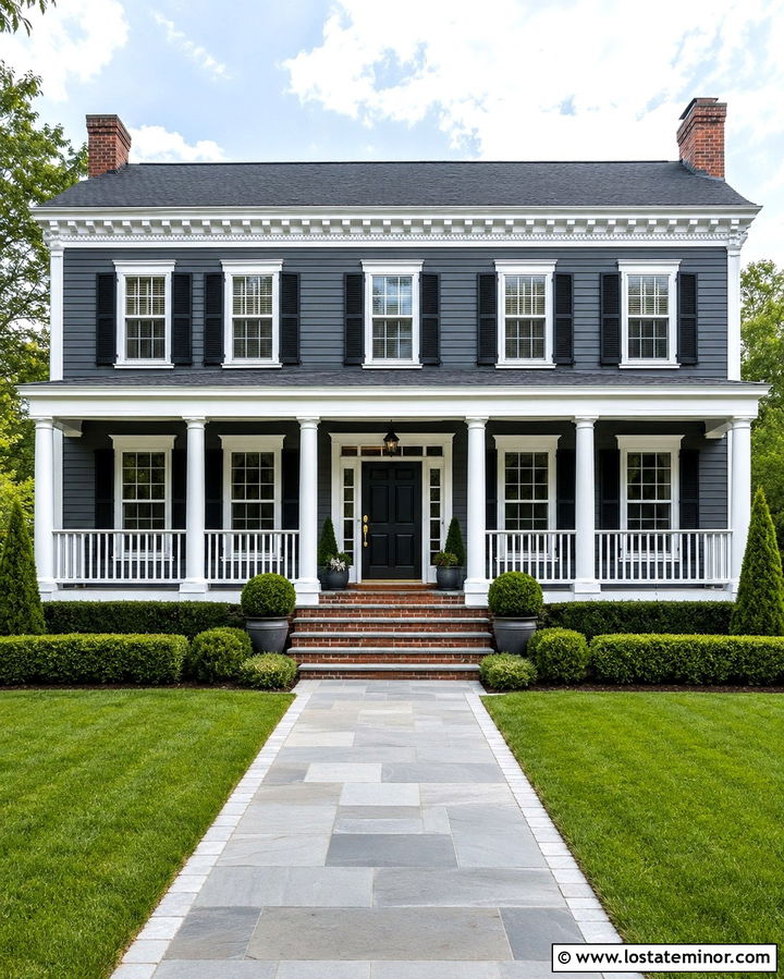 Slate Grey Colonial With Round White Columns - 30 Slate Grey House Design With Porch Columns Ideas