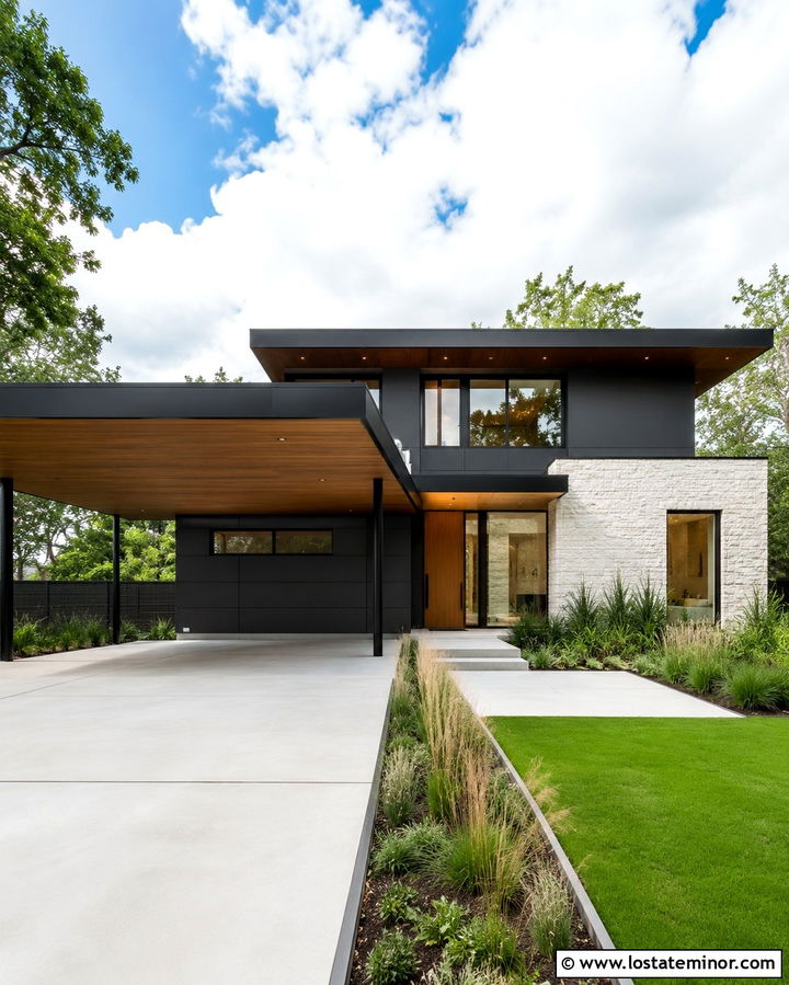 Slate Grey Contemporary House With Cantilevered Carport - 30 Slate Grey House Design With Carport Ideas