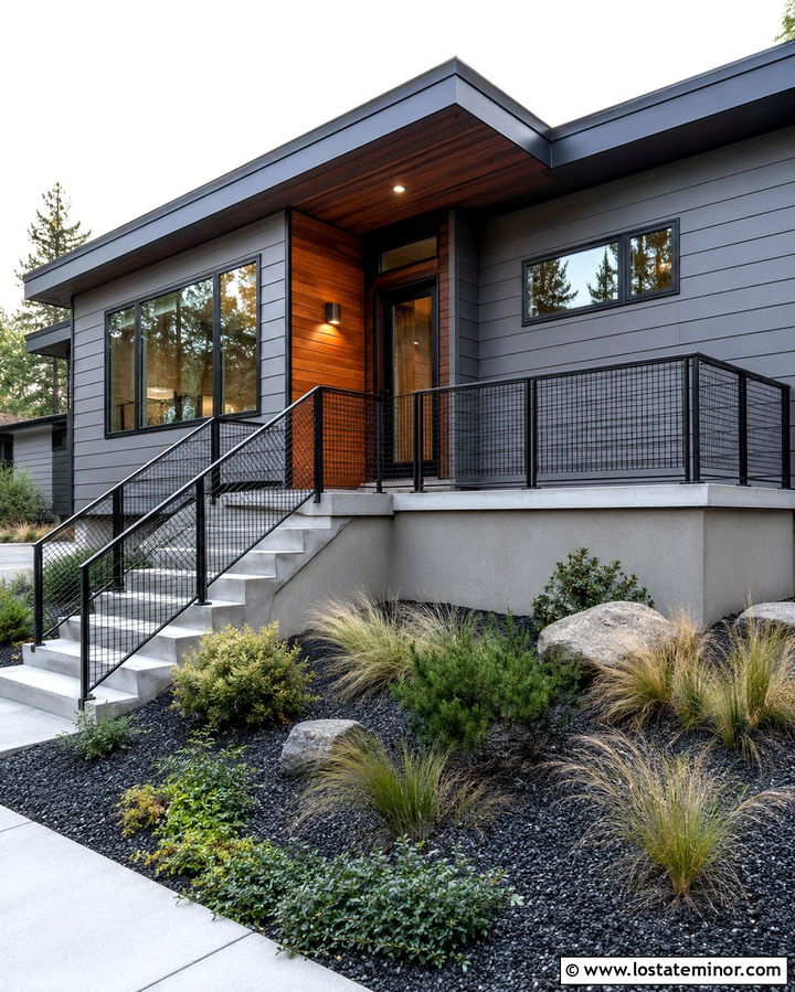 Slate Grey Contemporary House With Steel Mesh Railings - 30 Slate Grey House Design With Railings Ideas